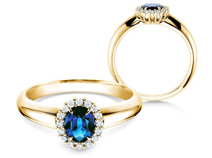 Bague de fiançailles Windsor dans 18K or jaune avec saphir 0,60ct et diamants 0,12ct