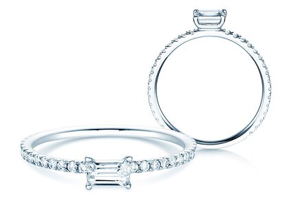 Bague de fiançailles Emerald-Cut dans 14K or blanc avec diamants 0,46ct G/VS