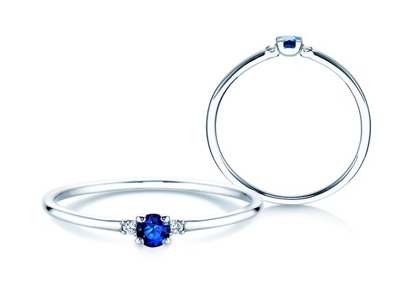 Bague de fiançailles  en 9K or blanc avec saphir 0,08ct et diamants 0,02ct