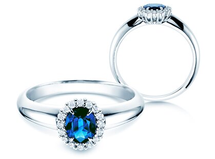 Bague de fiançailles Windsor dans platine 950/- avec saphir 0,60ct et diamants 0,12ct