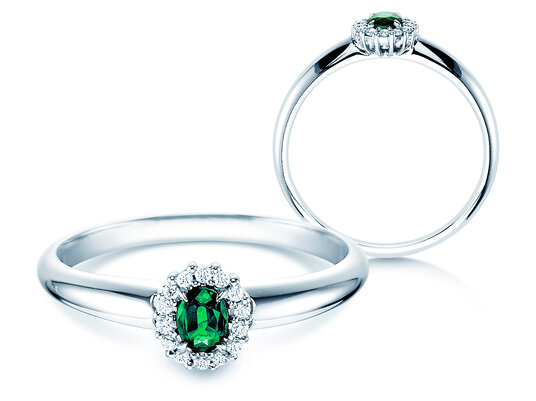 Bague de fiançailles Jolie en 9K or blanc avec émeraude 0,25ct et diamants 0,06ct