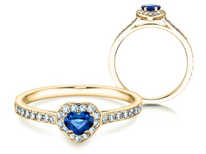 Bague de fiançailles Heart Saphir dans 14K or jaune avec saphir 0,25ct et diamants 0,34ct