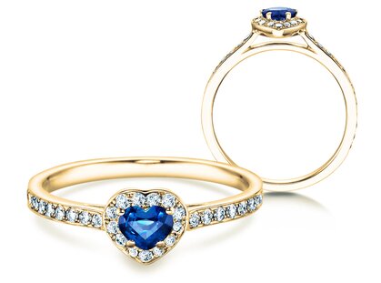 Bague de fiançailles Heart Saphir dans 18K or jaune avec saphir 0,25ct et diamants 0,34ct