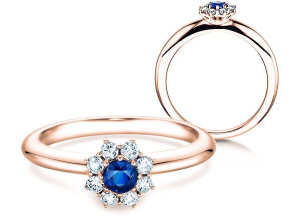 Bague de fiançailles Lovely dans 14K or rose avec saphir 0,10ct et diamants 0,15ct