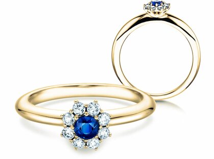 Bague de fiançailles Lovely dans 18K or jaune avec saphir 0,10ct et diamants 0,15ct