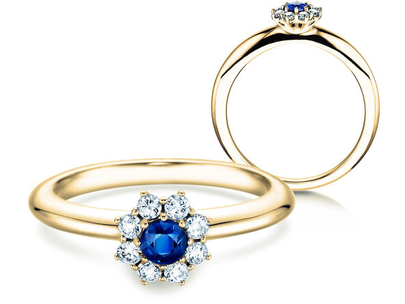 Bague de fiançailles Lovely dans 14K or jaune avec saphir 0,10ct et diamants 0,15ct