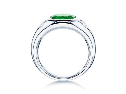 Bague de fiançailles Three-Stone Signet en 9K or blanc avec émeraude 1,35ct et diamants naturels 0,30ct