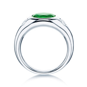 Bague de fiançailles Three-Stone Signet en 9K or blanc avec émeraude 1,35ct et diamants naturels 0,30ct