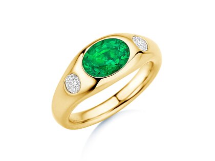 Bague de fiançailles Three-Stone Signet en 14K or jaune avec émeraude 1,35ct et diamants naturels 0,30ct