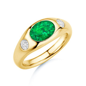 Bague de fiançailles Three-Stone Signet en 14K or jaune avec émeraude 1,35ct et diamants naturels 0,30ct