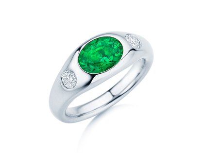 Bague de fiançailles Three-Stone Signet en 9K or blanc avec émeraude 1,35ct et diamants naturels 0,30ct