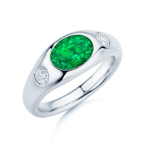Bague de fiançailles Three-Stone Signet en 9K or blanc avec émeraude 1,35ct et diamants naturels 0,30ct