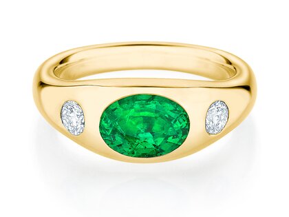 Bague de fiançailles Three-Stone Signet en 14K or jaune avec émeraude 1,35ct et diamants naturels 0,30ct