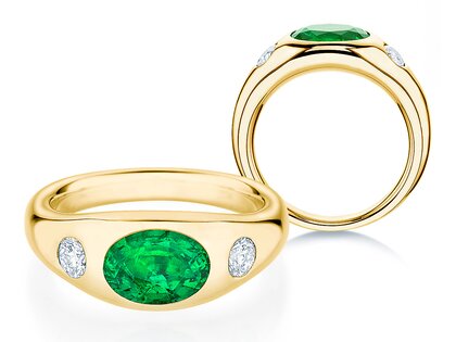 Bague de fiançailles Three-Stone Signet en 14K or jaune avec émeraude 1,35ct et diamants naturels 0,30ct