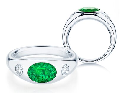 Bague de fiançailles Three-Stone Signet en 9K or blanc avec émeraude 1,35ct et diamants naturels 0,30ct