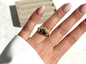Bague de fiançailles Three-Stone Signet en 9K or blanc avec émeraude 1,35ct et diamants naturels 0,30ct
