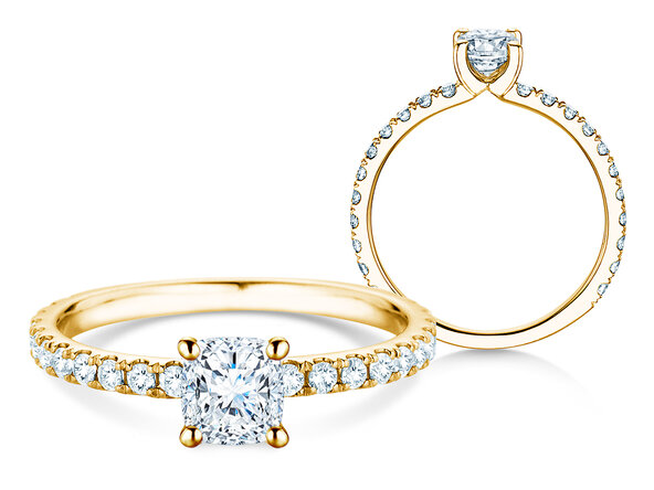 Bague de fiançailles Classic 4 Cushion Pavé en 14K or jaune avec diamants naturels 0,33ct G/SI