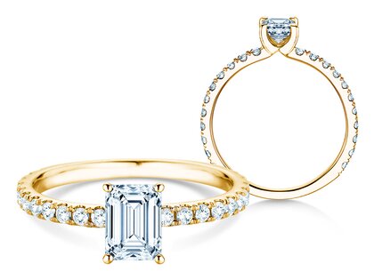 Bague de fiançailles Classic 4 Emerald Pavé en 14K or jaune avec diamants naturels 0,33ct G/VS