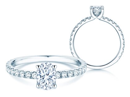 Bague de fiançailles Classic 4 Oval Pavé en 9K or blanc avec diamants naturels 0,87ct
