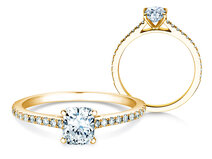 Bague de fiançailles Cushion Pavé en 18K or jaune avec diamants 0,66ct G/SI