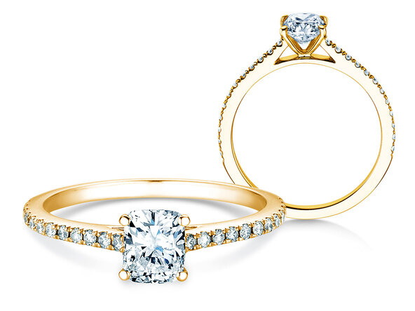 Bague de fiançailles Cushion Pavé en 9K or jaune avec diamants 1,22ct G/SI