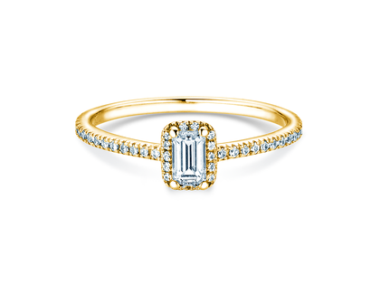 Bague de fiançailles Emerald Halo Pavé en 14K or jaune avec diamants 0,75ct G/VS