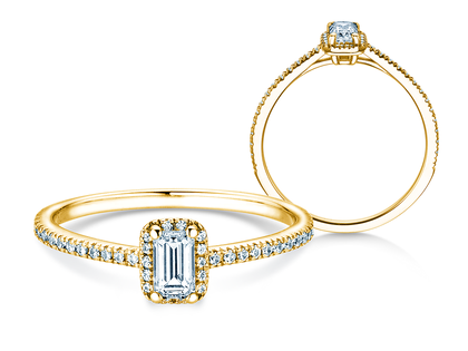 Bague de fiançailles Emerald Halo Pavé en 14K or jaune avec diamants 0,75ct G/VS