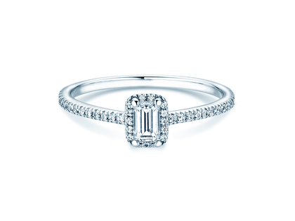 Bague de fiançailles Emerald Halo Pavé en 14K or blanc avec diamants 0,75ct G/VS
