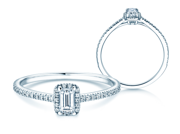 Bague de fiançailles Emerald Halo Pavé en 14K or blanc avec diamants 0,75ct G/VS