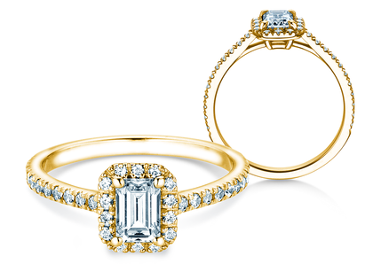 Bague de fiançailles Emerald Halo Pavé en 14K or jaune avec diamants 1,47ct G/VS