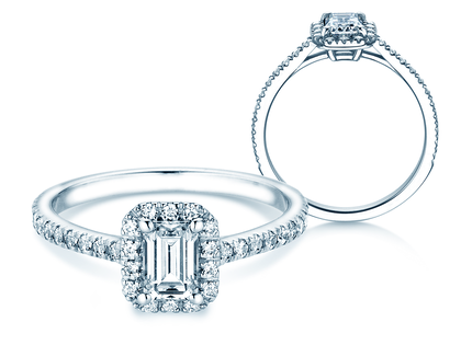 Bague de fiançailles Emerald Halo Pavé en 14K or blanc avec diamants 1,08ct G/VS