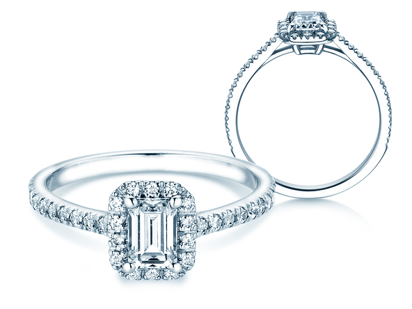 Bague de fiançailles Emerald Halo Pavé en 14K or blanc avec diamants 1,08ct G/VS