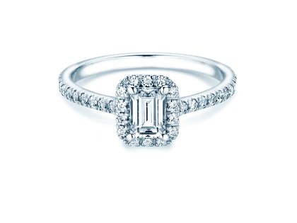Bague de fiançailles Emerald Halo Pavé en 14K or blanc avec diamants 1,08ct G/VS