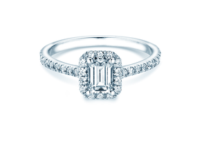Bague de fiançailles Emerald Halo Pavé en 14K or blanc avec diamants 1,08ct G/VS