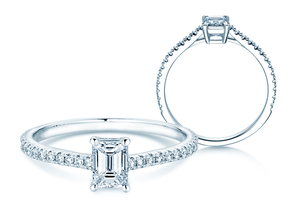 Bague de fiançailles Emerald Pavé en 14K or blanc avec diamants 0,40ct G/VS