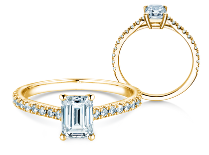 Bague de fiançailles Emerald Pavé en 14K or jaune avec diamants 1,30ct G/VS