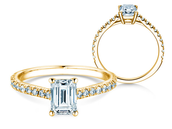 Bague de fiançailles Emerald Pavé en 14K or jaune avec diamants 1,30ct G/VS