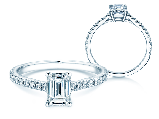 Bague de fiançailles Emerald Pavé en 14K or blanc avec diamants de laboratoire 1,82ct E/VS
