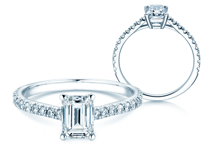 Bague de fiançailles Emerald Pavé en or blanc