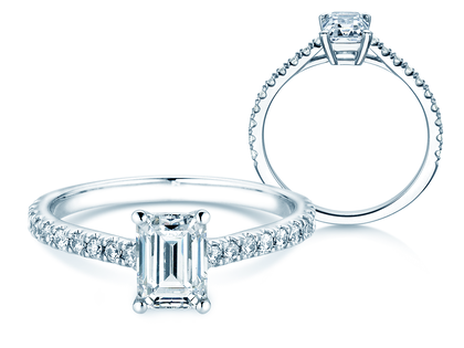 Bague de fiançailles Emerald Pavé en 14K or blanc avec diamants 1,30ct G/VS