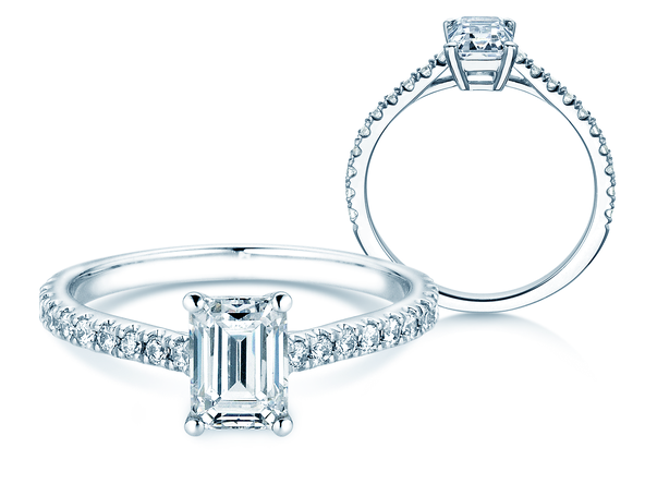 Bague de fiançailles Emerald Pavé en 14K or blanc avec diamants 1,30ct G/VS