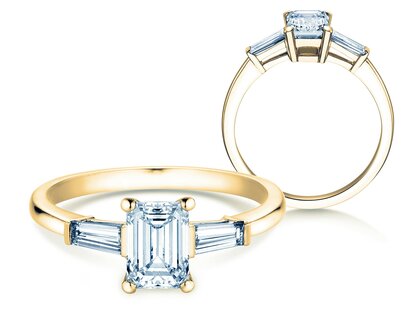 Bague de fiançailles Emerald Tapered Baguette en 18K or jaune avec diamants 0,41ct G/VS