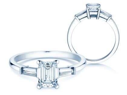 Bague de fiançailles Emerald Tapered Baguette en 14K or blanc avec diamants 0,41ct G/VS