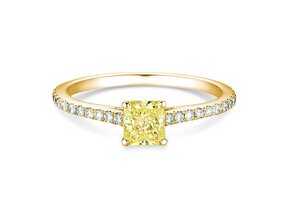 Bague de fiançailles Fancy Yellow Cushion Pavé en 14K or jaune avec diamants 0,77ct G/SI