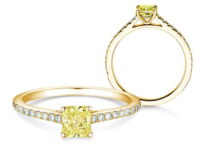 Bague de fiançailles Fancy Yellow Cushion Pavé en 14K or jaune avec diamants 0,77ct G/SI