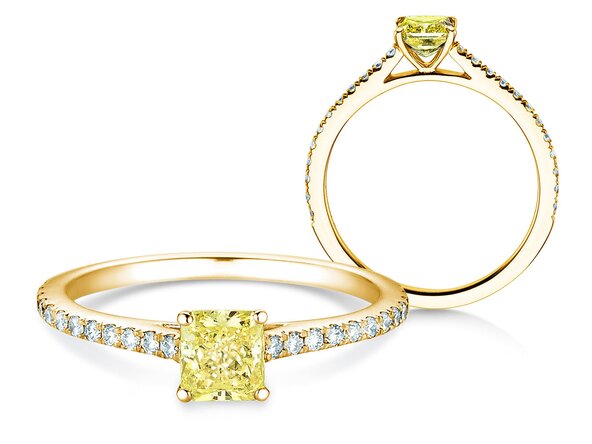 Bague de fiançailles Fancy Yellow Cushion Pavé en 14K or jaune avec diamants 0,77ct G/SI