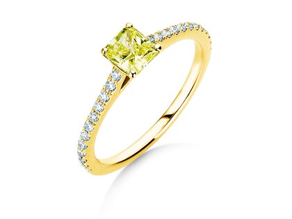 Bague de fiançailles Fancy Yellow Cushion Pavé en 14K or jaune avec diamants 0,77ct G/SI