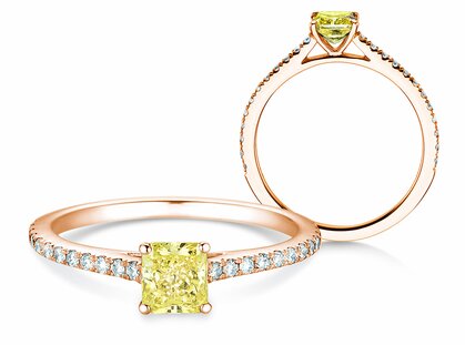 Bague de fiançailles Fancy Yellow Cushion Pavé en 14K or rose avec diamants 0,77ct G/SI