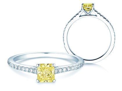 Bague de fiançailles Fancy Yellow Cushion Pavé en 14K or blanc avec diamants 0,77ct G/SI