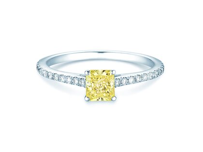 Bague de fiançailles Fancy Yellow Cushion Pavé en 14K or blanc avec diamants 0,77ct G/SI